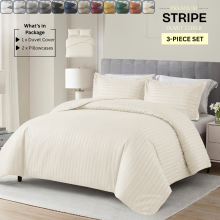 (Double, Cream) Premium Stripe Duvet Cover Set & Pillowcase Pair