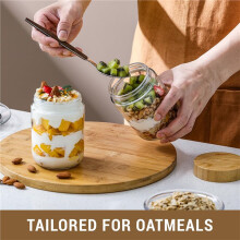 4-Pack Glazen Potten met Luchtdichte Deksel, 16oz Overnachthavermoutcontainer met Bamboe Deksels, Glazen Snackopslag, Saladepotten, Yoghurt