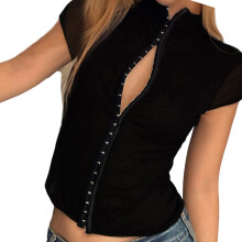 Collared Ribbed Kintted Shirt Bluses for Women Summer-Black L