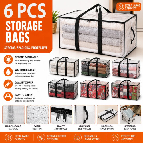 6 Pack Clear Moving Storage Bags with Handles PVC