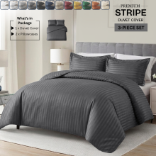 (King, Charcoal) Premium Stripe Duvet Cover Set & Pillowcase Pair