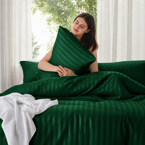 (Single, Emerald) Premium Stripe Duvet Cover Set & Pillowcase Pair 1