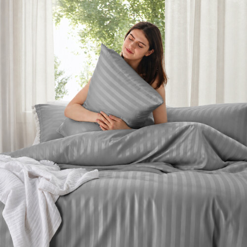 (King, Grey) Premium Stripe Duvet Cover Set & Pillowcase Pair 1