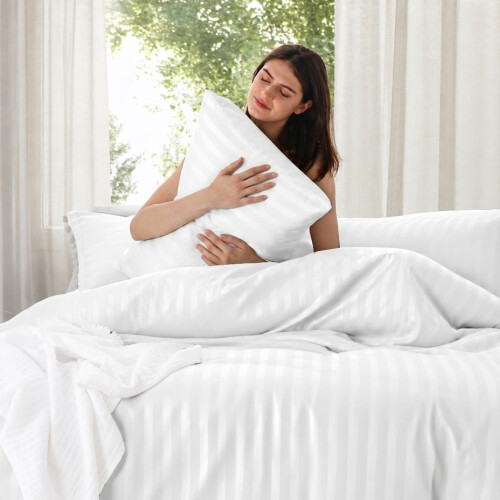 (Double, White) Premium Stripe Duvet Cover Set & Pillowcase Pair 1