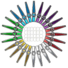Set van 24 metalen kazoo's met 6 kleuren en 24 membranen.