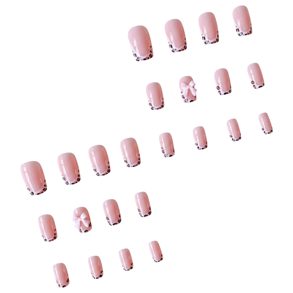 Dcph-Clothing 24Pcs Pink Bow Leopard Press On Nails, Glossy Uv Coating