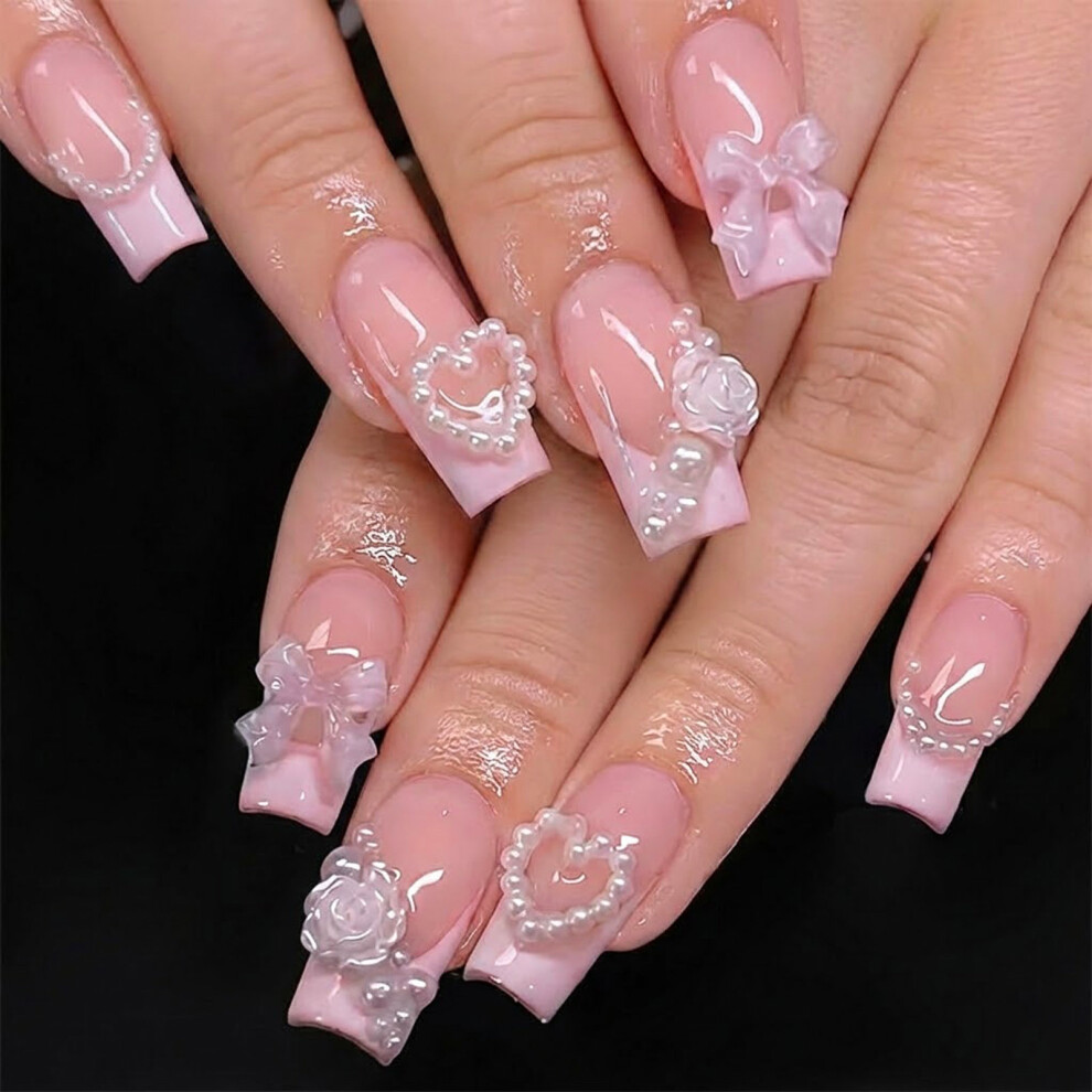 Reach-Tools 24Pcs Heart Pearl Bowknot Fake Nails For Women