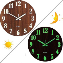 Horloge murale lumineuse de 30 cm (12 pouces) en bois avec veilleuse, silencieuse et sans tic-tac, de forme ronde moderne. Design moder
