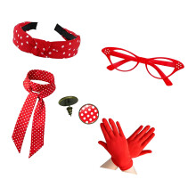 50er-Jahre-Rockabilly-Kostüme,-Rotes 5-teiliges Set
