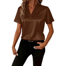 Damen-Kurzarmshirt, Pullover mit V-Ausschnitt,-Dunkelbraun L