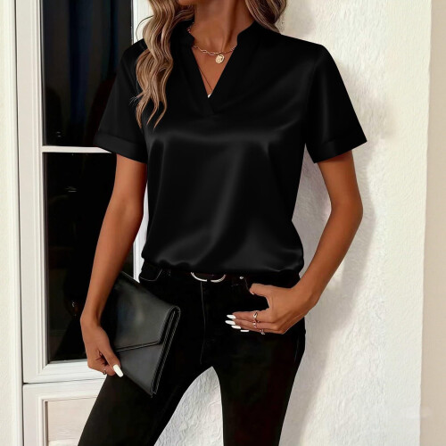 Damen-Kurzarmshirt, Pullover mit V-Ausschnitt,-Dunkelbraun M 2