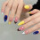 (XS) 10PCS Flower False Nails - Yellow Blue, Durable DIY 6