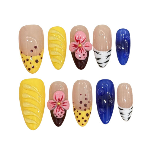 (XS) 10PCS Flower False Nails - Yellow Blue, Durable DIY 2