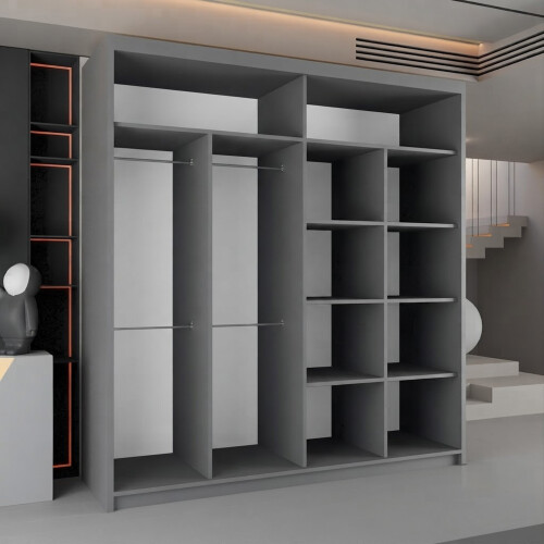 Modern Sliding Wardrobe With Mirror Doors Bedroom Storage 203cm Grey 2