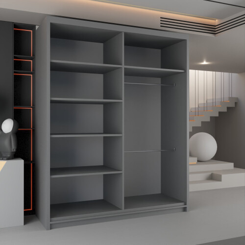 Modern Sliding Wardrobe With Mirror Doors Bedroom Storage 150cm Grey 2
