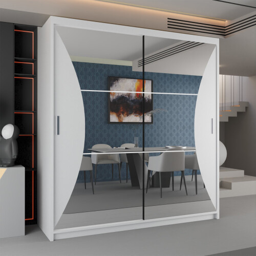 Modern Sliding Wardrobe With Mirror Doors Bedroom Storage 203cm White
