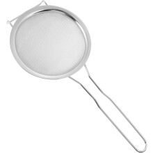 Ölfiltersieb aus Edelstahl mit breitem Rand und gebogener Öse zum Abseihen und Filtern von Küchenöl, Metallkonstruktion