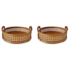 2X Cesta de Armazenamento de Vime para Casa Sala de Estar Redonda Bandeja de Colocação para Pão de Frutas Organizador de Mesa Respirável - Marrom