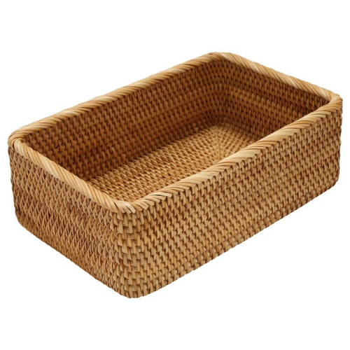 Hand-Woven Rectangular Rattan Wicker Basket Fruit Tea Snack Bread Picnic Cosmetic Storage Box Kitchen Household Tools-L