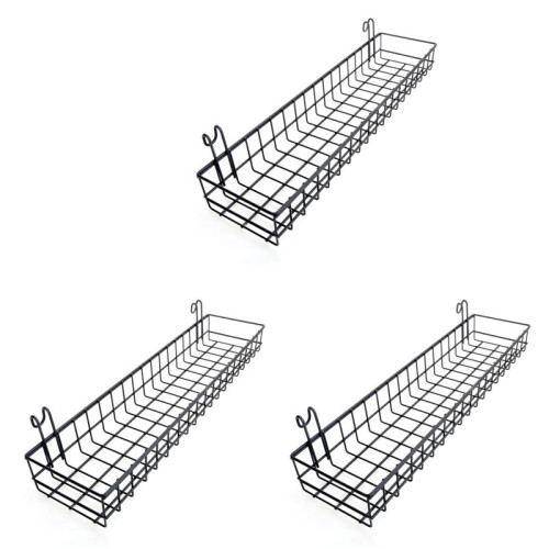 3X Hanging Basket for Wire Wall Grid Panel, Multi-Function Wall Storage and Display Basket, 40X10X5CM, Black Painted