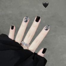 (Jelly Glue Model) Fashion Fake Nails - Black & Silver, Durable & Scratch-Resistant