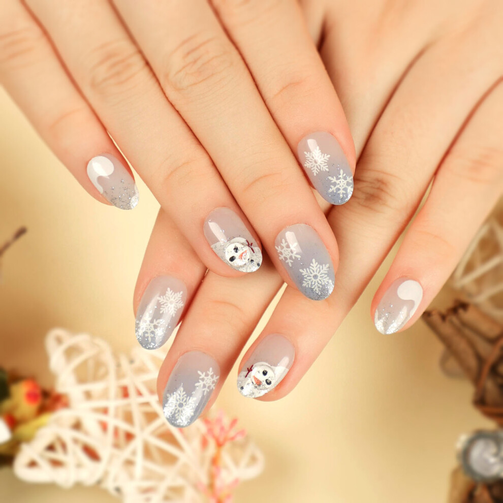 Creation-3C (Jelly Glue Model) Blue White Snowflake Almond Fake Nails For Women