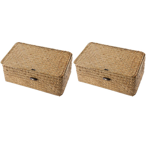 2X Seagrass Hand Woven Storage Box Storage Box Storage Basket Makeup Organizer Multipurpose Container with Lid