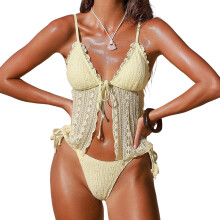 Maillot de bain deux pièces taille haute à séchage-Jaune clair S