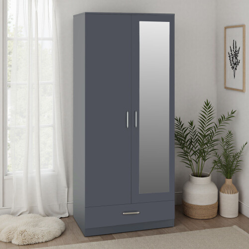 Seconique Dakota 2 Door 1 Drawer Mirrored Wardrobe Dark Grey