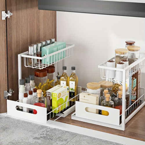 (White) Pull-Out Organizer Rack, Multi-Functional Double-Layer Sundries Storage Rack, Large Capacity Sliding Storage Rack, 1