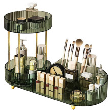 Rotating Makeup Organizer for Vanity, 2 Tier Perfume Cosmetic Skincare Organizers with Makeup Brush Holder Green
