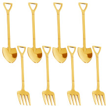 8 Pieces Shovel Spoon Fork Shovel Coffee Spoon Shovel Handle Dessert Spoon Ice Cream Spoon Shovel Shape Fork (Gold)