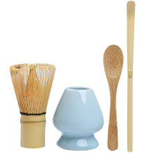 Whisk Set Bamboo Tea Set of 4 Including 100 Prong Whisk (Chasen), Traditional Scoop (Chashaku), Tea Spoon, Whisk Holder Color