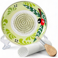 Handcrafted Ceramic Garlic Grater Plate 4-PcSet, 4.72" Handmade Porcelain Grinding Dish Olive Green Mediterranean Branch