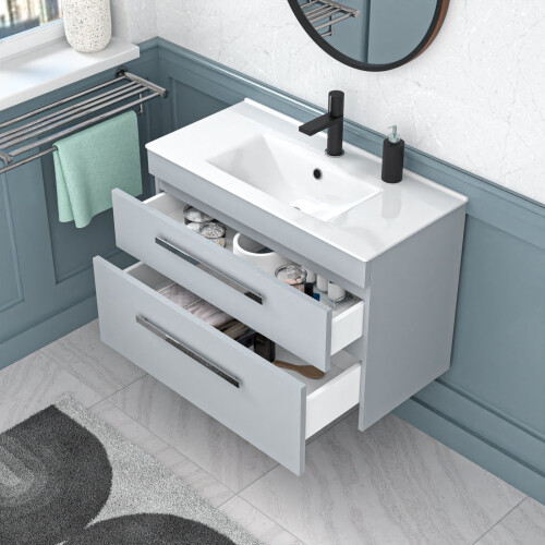 NES Home Wall Hung Cabinet 2 Drawer 800mm Matte Grey with Slim Ceramic Basin 2