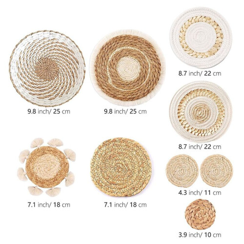 Conjunto com 9 Cestas de Parede Estilo Boho, Decoração de Cesta de Parede Suspensa, Decoração de Parede Estilo Boho com Vime e Junco Marinho 2