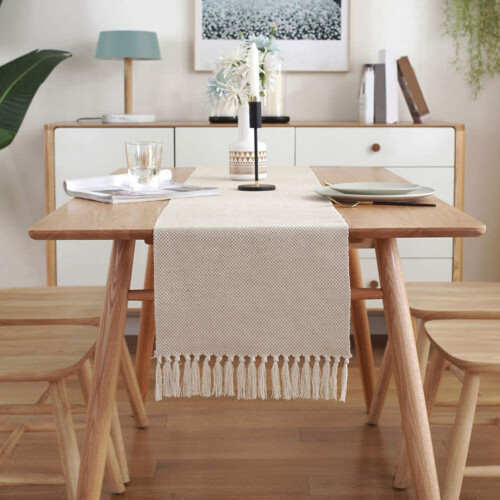Cotton Linen Fringe Table Runner,Woven Decorative Table Runners, Macrame Table Runner for Kitchen Decor 13X70Inch 1