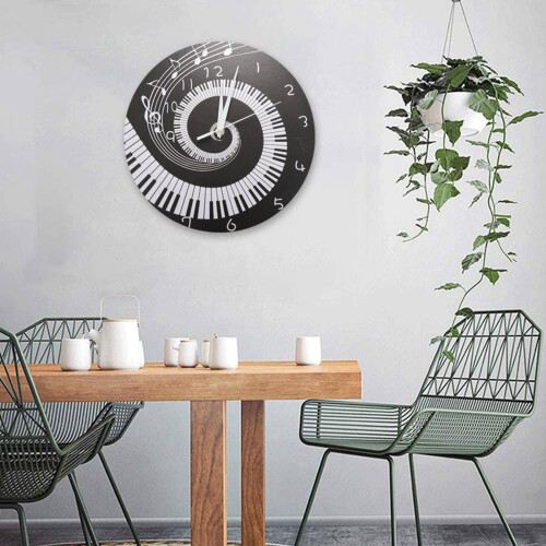 2X Elegant Piano Key Clock Music Notes Wave Round Modern Wall Clock Without Battery Black + White Acrylic 2