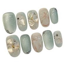(XS) 10PCS Ice Blue Shell Fake Nails, Reusable