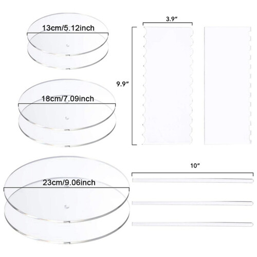 2 Set Acrylic Round Cake Disk Set - Cake Discs Circle Base Boards with Center Hole - Comb Scrapers (4 Patterns) 1