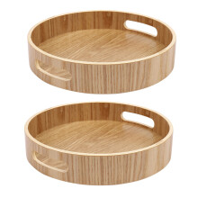 2X Vassoio Rotondo nel Legno di Bambù da Portata per Vassoi da Pranzo Bar da Tè Contenitore per Alimenti per la Colazione Maniglia Vassoio 1