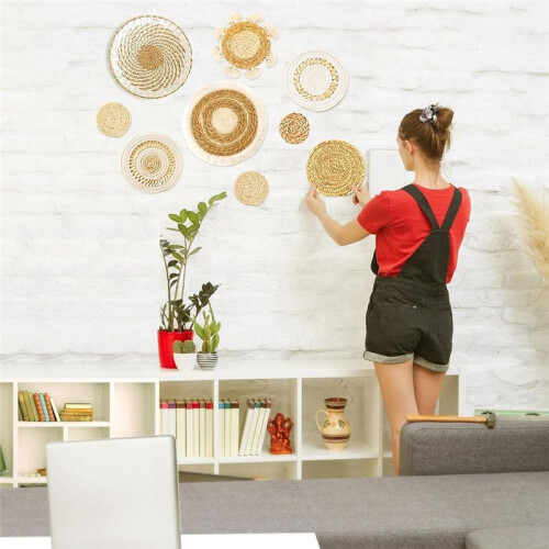 Conjunto com 9 Cestas de Parede Estilo Boho, Decoração de Cesta de Parede Suspensa, Decoração de Parede Estilo Boho com Vime e Junco Marinho 1