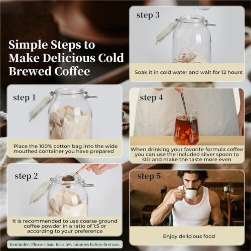 Sacos Reutilizáveis para Café Cold Brew - Sacos de Filtro Grandes de Algodão Orgânico de 32,5 cm (12,8 Polegadas) com Colheres 1