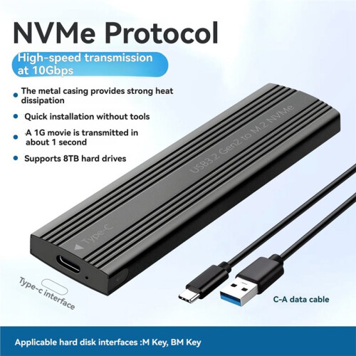 M.2 SSD Enclosure NVMe Protocol M.2 to USB3.2 Gen2 Type-C 10Gbps SSD Case M.2 Solid State Mobile Hard Disk Box Black 2