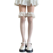 Women's Stripe Fishnet Thigh High Socks With Ruffle Lace-White