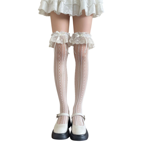 Women's Stripe Fishnet Thigh High Socks With Ruffle Lace-White