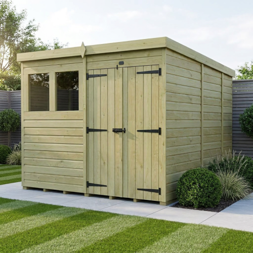 8 x 9 Pent Shed Tanalised (Double Door, With Windows)