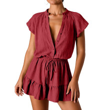 Barboteuse pour femme, col en V, manches courtes,-Rouge L