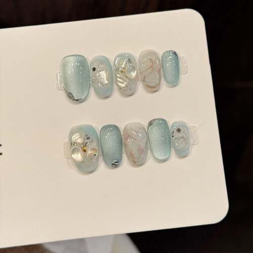 (XS) 10PCS Ice Blue Shell Fake Nails, Reusable 2