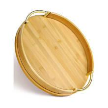14Inch Round Bamboo Serving Tray with Handles - Decorative Tray,Breakfast Tray, Coffee Table Tray, Ottoman Tray,Kitchen